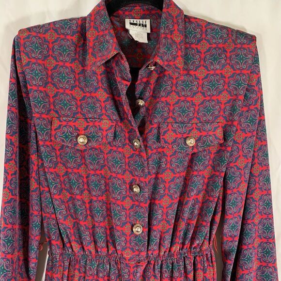 Leslie Fay Midi Dress Women's 8 Petite Red Blue Long Sleeve Collared Pleated - Picture 2 of 10